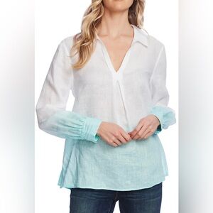 Vince Camuto Women's Blue White Dip Dye 100% Linen Split Neck Tunic Top Size XL